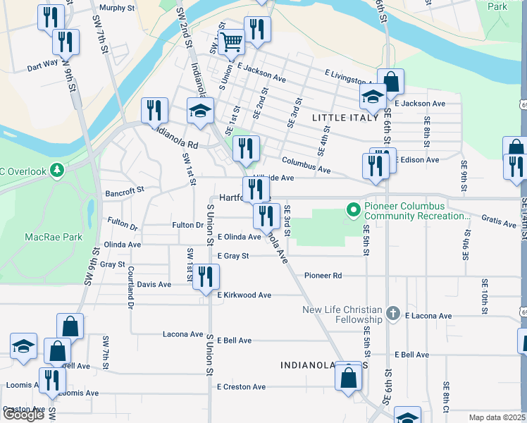 map of restaurants, bars, coffee shops, grocery stores, and more near 125 Hartford Avenue in Des Moines