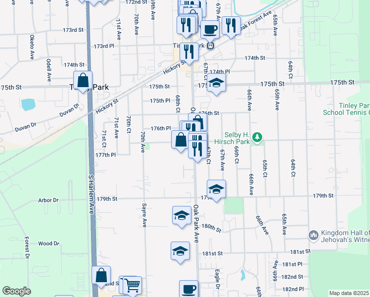 map of restaurants, bars, coffee shops, grocery stores, and more near 17700 Oak Park Avenue in Tinley Park