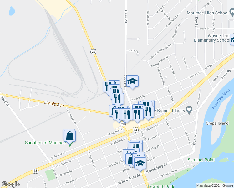 map of restaurants, bars, coffee shops, grocery stores, and more near 1009 Bowles Ct in Maumee