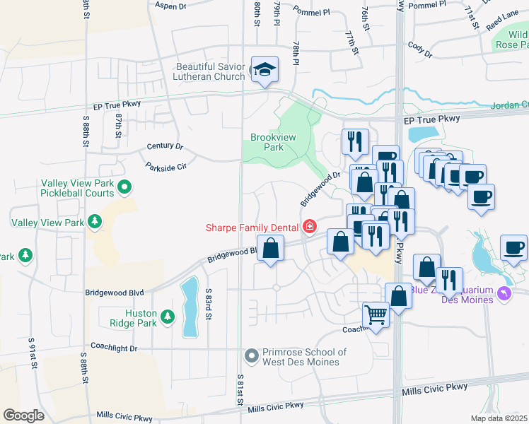 map of restaurants, bars, coffee shops, grocery stores, and more near 185 80th Street in West Des Moines