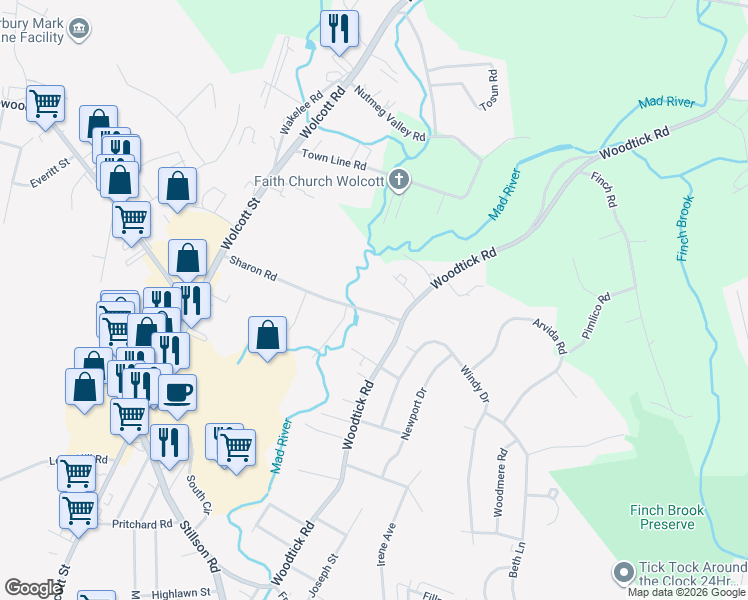 map of restaurants, bars, coffee shops, grocery stores, and more near 52 Sharon Road in Waterbury