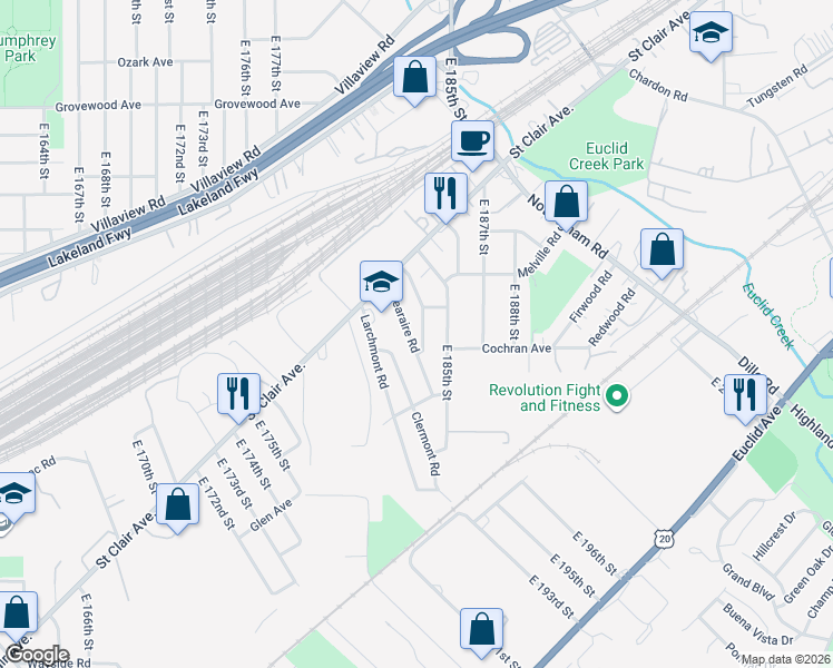 map of restaurants, bars, coffee shops, grocery stores, and more near 1381 Penhurst Road in Cleveland