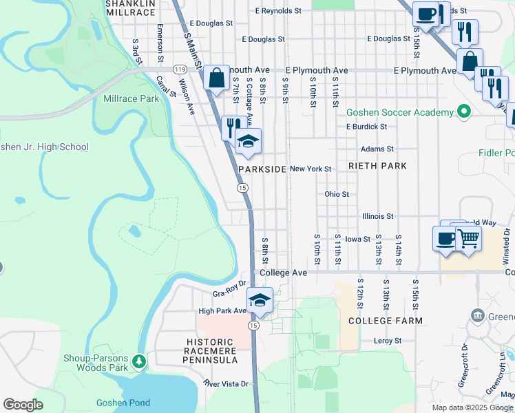 map of restaurants, bars, coffee shops, grocery stores, and more near 1409 South 8th Street in Goshen