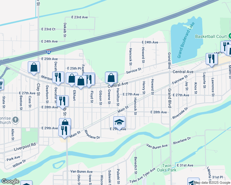 map of restaurants, bars, coffee shops, grocery stores, and more near 2671 Greene Street in Lake Station