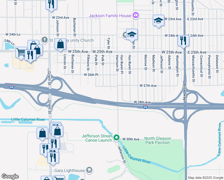 map of restaurants, bars, coffee shops, grocery stores, and more near 801-837 W 27th Ave in Gary