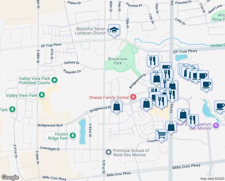 map of restaurants, bars, coffee shops, grocery stores, and more near 185 80th Street in West Des Moines