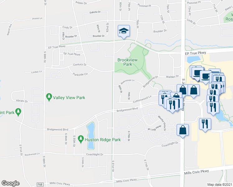 map of restaurants, bars, coffee shops, grocery stores, and more near 160 80th Street in West Des Moines