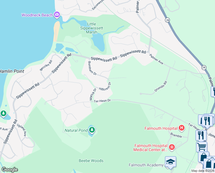 map of restaurants, bars, coffee shops, grocery stores, and more near 65 Burnham Drive in Falmouth