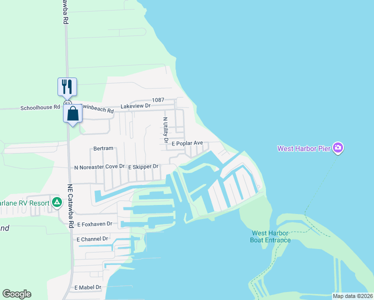 map of restaurants, bars, coffee shops, grocery stores, and more near 3190 North Carolina Street in Port Clinton