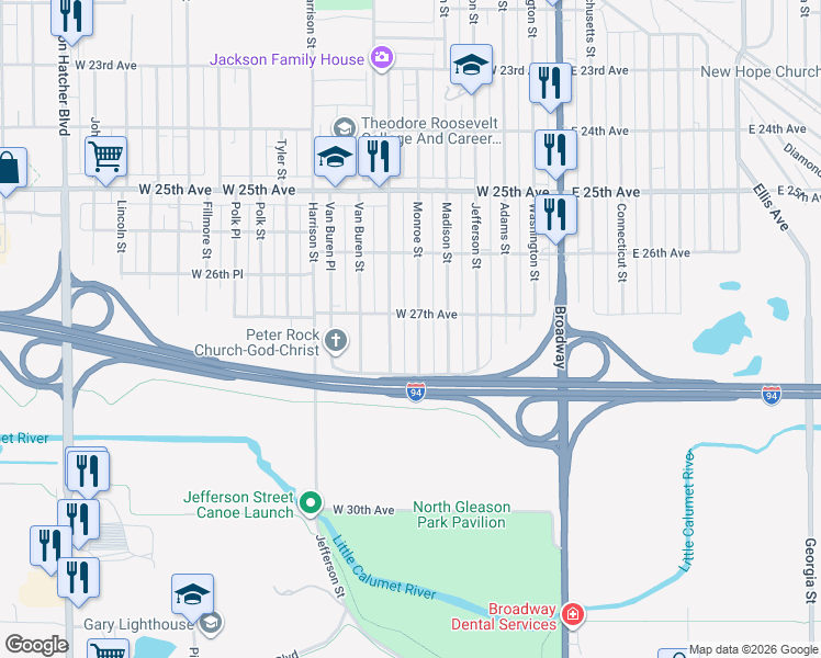 map of restaurants, bars, coffee shops, grocery stores, and more near 2705 Monroe Street in Gary