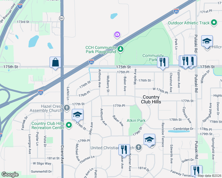 map of restaurants, bars, coffee shops, grocery stores, and more near 17613 Mulberry Street in Country Club Hills