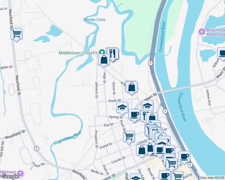 map of restaurants, bars, coffee shops, grocery stores, and more near 83 Grove Street in Middletown