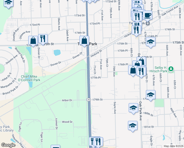 map of restaurants, bars, coffee shops, grocery stores, and more near 17706 71st Court in Tinley Park