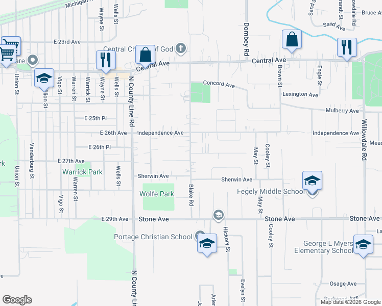 map of restaurants, bars, coffee shops, grocery stores, and more near 5100 Bell Avenue in Portage