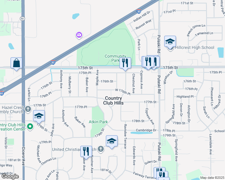 map of restaurants, bars, coffee shops, grocery stores, and more near 4241 West 176th Place in Country Club Hills
