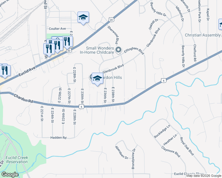 map of restaurants, bars, coffee shops, grocery stores, and more near 1741 East 236th Street in Euclid