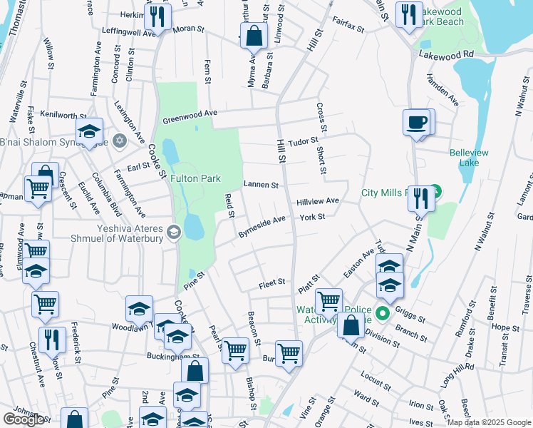 map of restaurants, bars, coffee shops, grocery stores, and more near 26 Woodstock Street in Waterbury