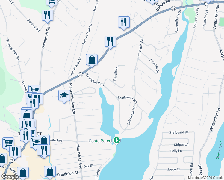 map of restaurants, bars, coffee shops, grocery stores, and more near 66 Teaticket Path in Falmouth