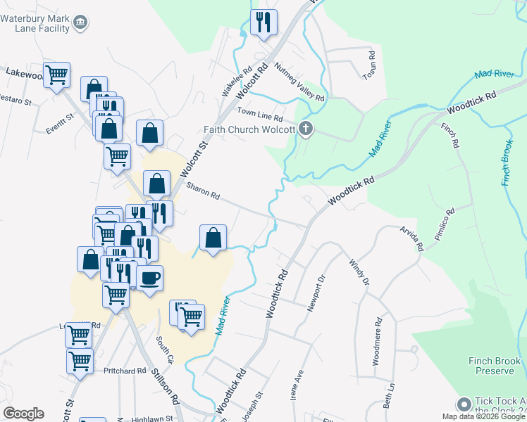 map of restaurants, bars, coffee shops, grocery stores, and more near 76 Sharon Road in Waterbury