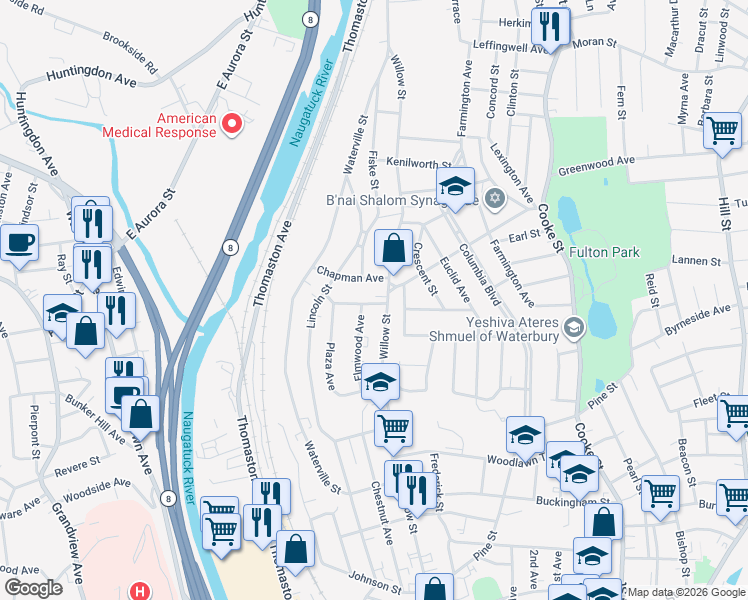 map of restaurants, bars, coffee shops, grocery stores, and more near 5 Roseland Avenue in Waterbury