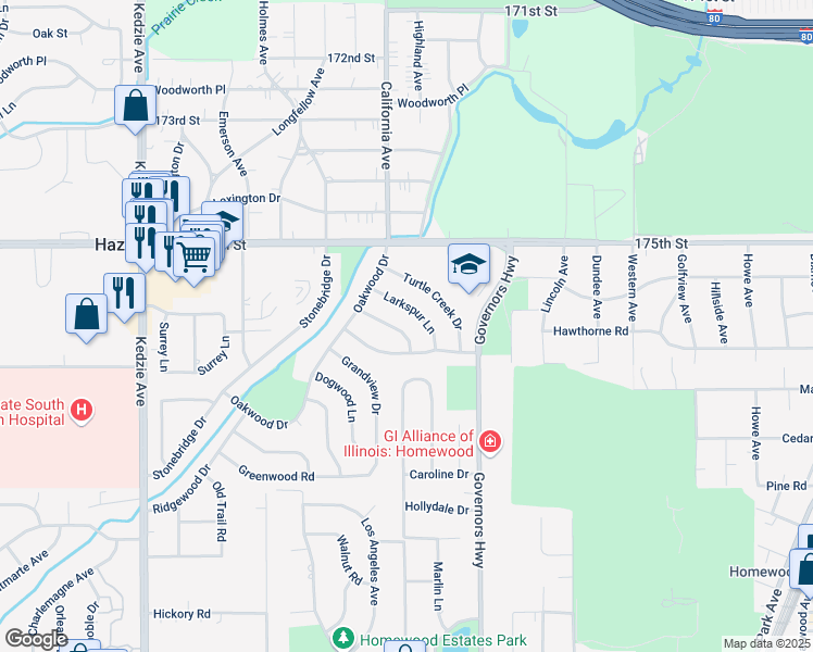 map of restaurants, bars, coffee shops, grocery stores, and more near 2718 Cherrywood Place in Hazel Crest