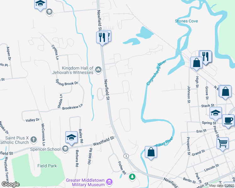 map of restaurants, bars, coffee shops, grocery stores, and more near 380 Newfield Street in Middletown