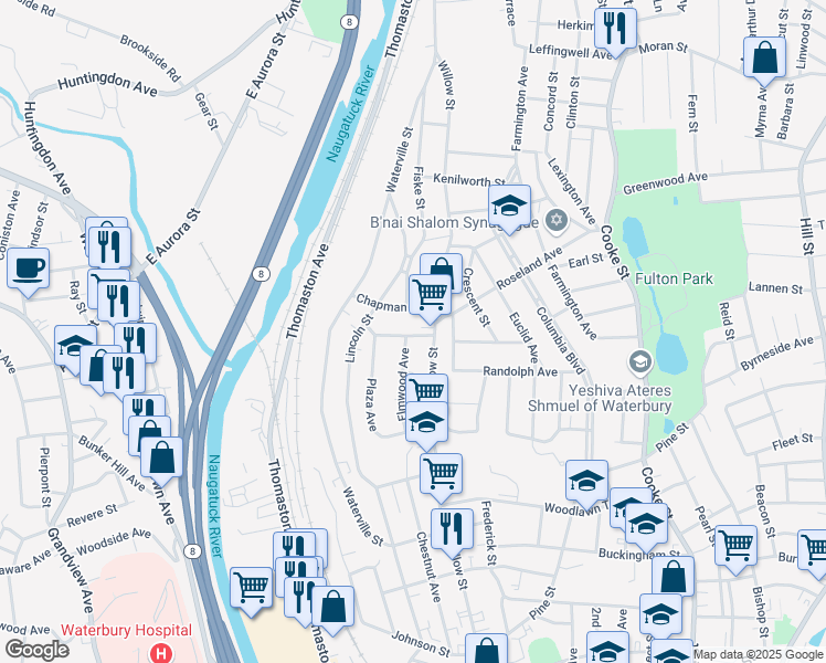map of restaurants, bars, coffee shops, grocery stores, and more near 32 Wildwood Avenue in Waterbury