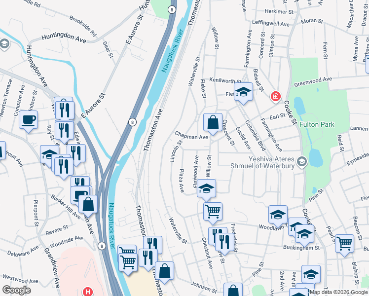 map of restaurants, bars, coffee shops, grocery stores, and more near 249 Lincoln Street in Waterbury