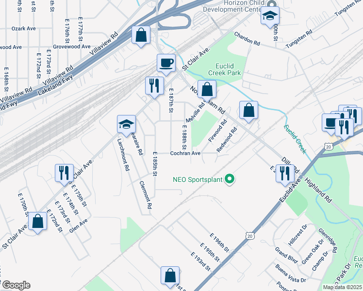 map of restaurants, bars, coffee shops, grocery stores, and more near 1372 East 188th Street in Cleveland