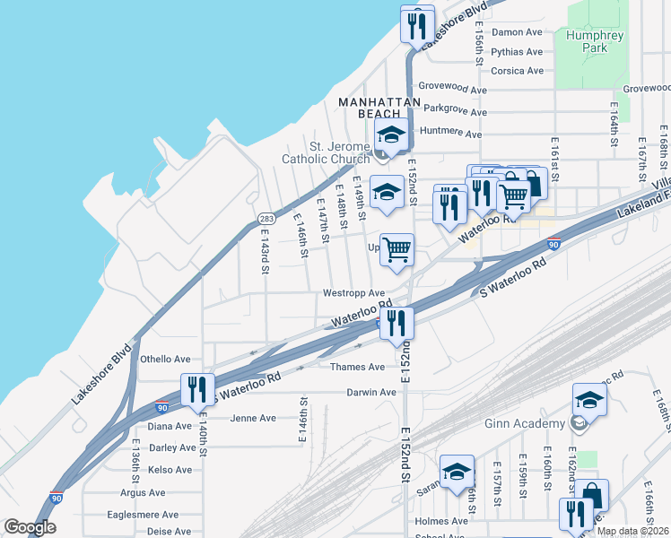 map of restaurants, bars, coffee shops, grocery stores, and more near 475 East 147th Street in Cleveland