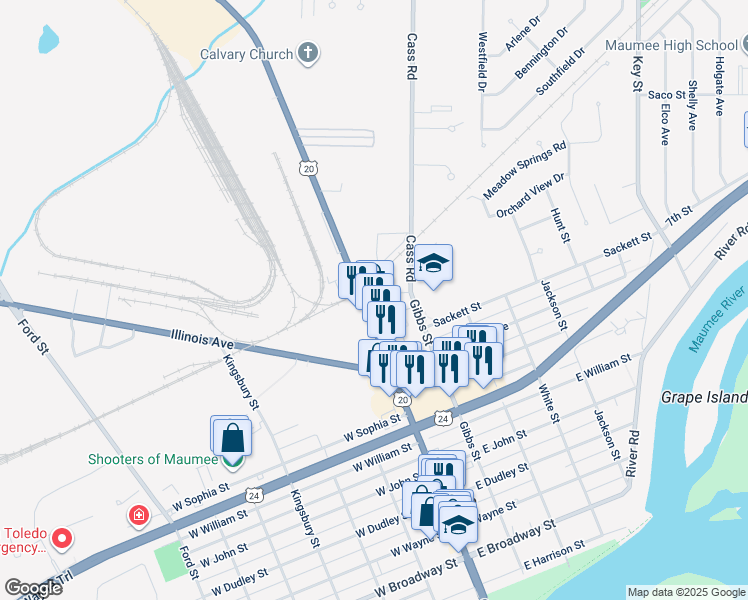map of restaurants, bars, coffee shops, grocery stores, and more near 1009 Bowles Court in Maumee