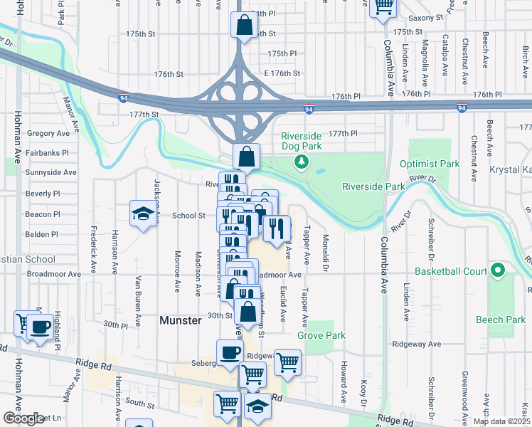 map of restaurants, bars, coffee shops, grocery stores, and more near 913 River Drive in Munster