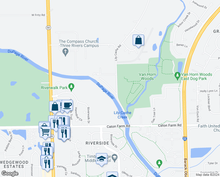 map of restaurants, bars, coffee shops, grocery stores, and more near 17250 South Lily Cache Road in Plainfield