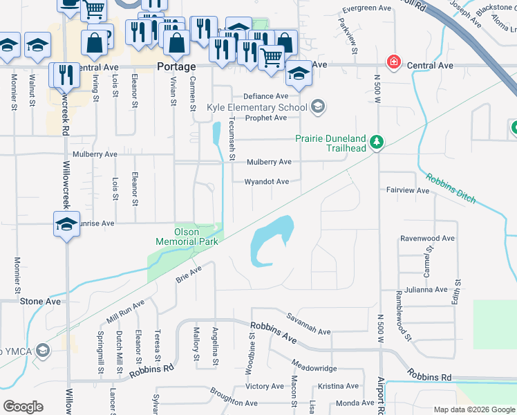 map of restaurants, bars, coffee shops, grocery stores, and more near 2801-2899 Shawnee St in Portage