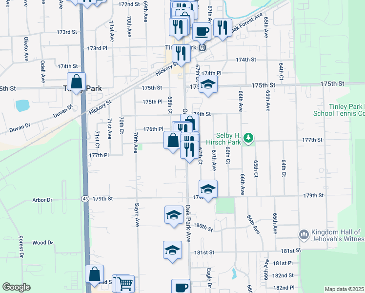 map of restaurants, bars, coffee shops, grocery stores, and more near 17700 Oak Park Avenue in Tinley Park