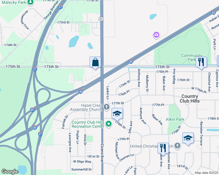 map of restaurants, bars, coffee shops, grocery stores, and more near 17609 Larkin Lane in Country Club Hills