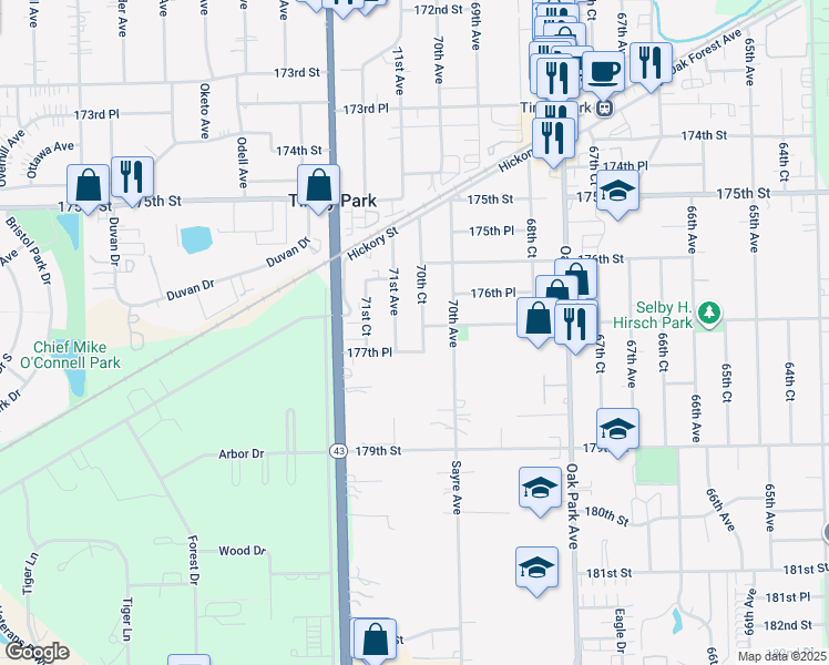map of restaurants, bars, coffee shops, grocery stores, and more near 17701 71st Avenue in Tinley Park