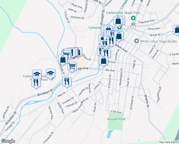 map of restaurants, bars, coffee shops, grocery stores, and more near 10 Mill Street in Carbondale