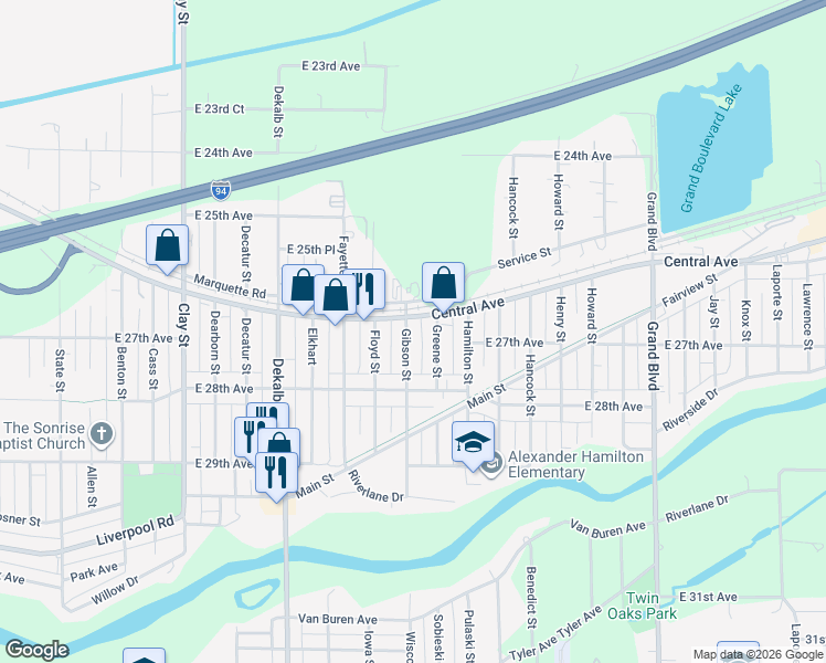 map of restaurants, bars, coffee shops, grocery stores, and more near 2683 Gibson Street in Lake Station