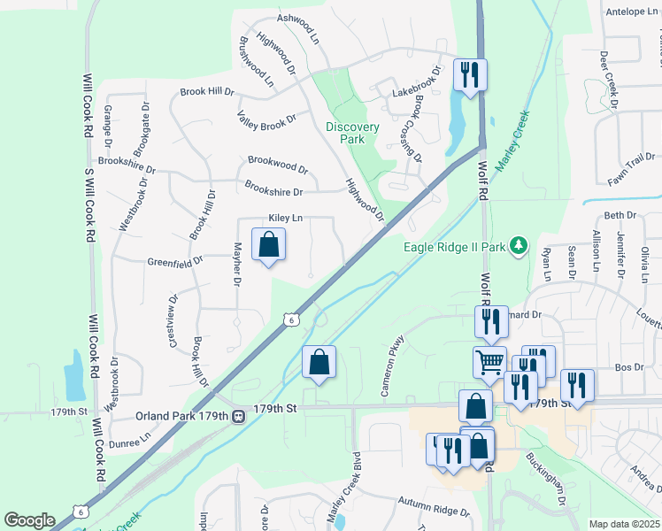 map of restaurants, bars, coffee shops, grocery stores, and more near 17609 Karli Lane in Orland Park