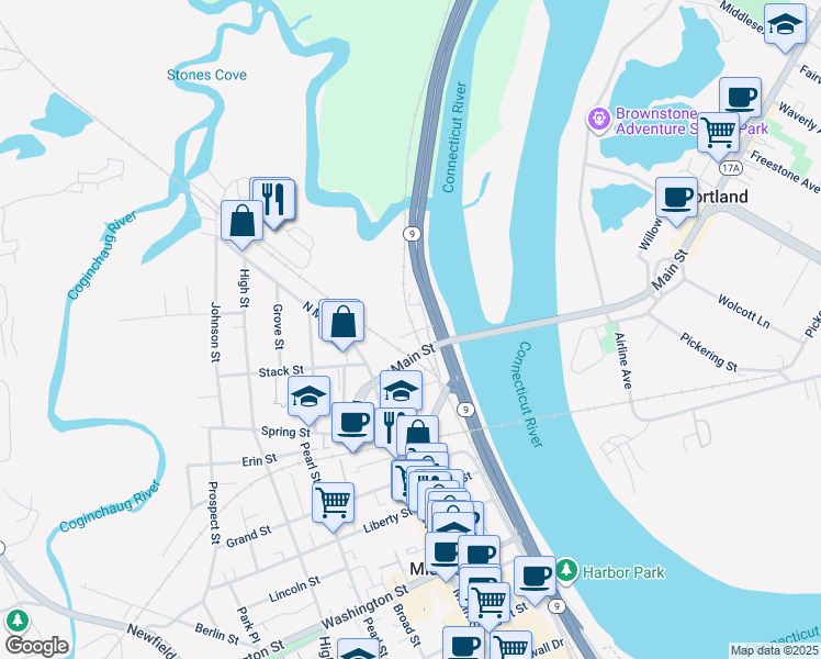 map of restaurants, bars, coffee shops, grocery stores, and more near 22 Miller Street in Middletown