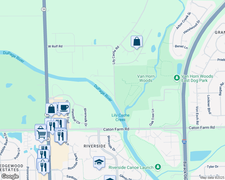 map of restaurants, bars, coffee shops, grocery stores, and more near 17250 South Lily Cache Road in Plainfield