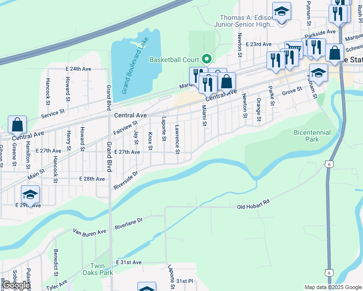map of restaurants, bars, coffee shops, grocery stores, and more near 2666 Marion Street in Lake Station