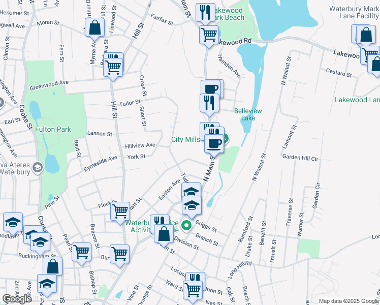 map of restaurants, bars, coffee shops, grocery stores, and more near 201 Platt Street in Waterbury