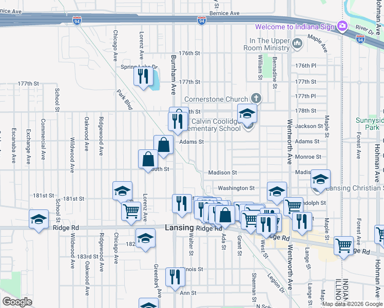 map of restaurants, bars, coffee shops, grocery stores, and more near 17925 Walter Street in Lansing
