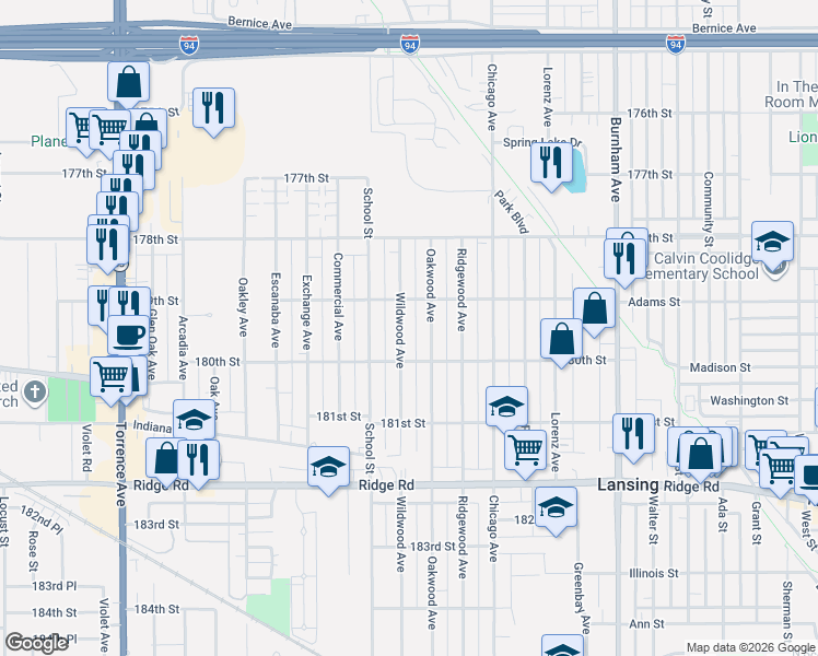 map of restaurants, bars, coffee shops, grocery stores, and more near 17923 Wildwood Avenue in Lansing
