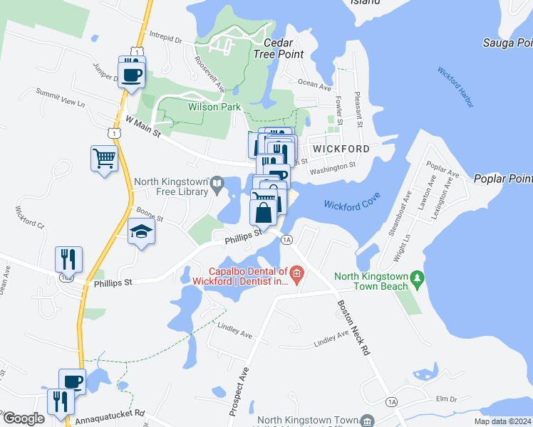 map of restaurants, bars, coffee shops, grocery stores, and more near 22 Brown Street in North Kingstown