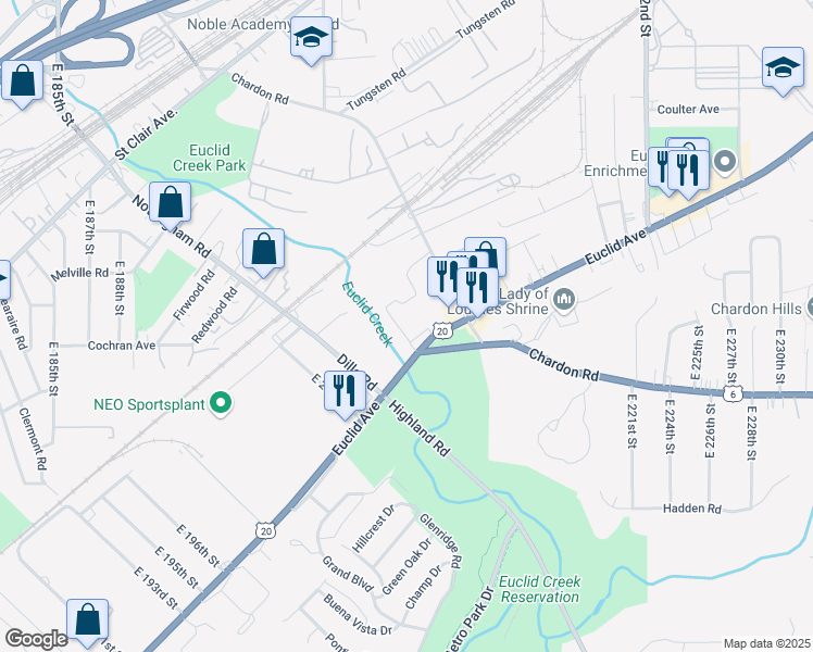map of restaurants, bars, coffee shops, grocery stores, and more near 20701 Euclid Avenue in Euclid