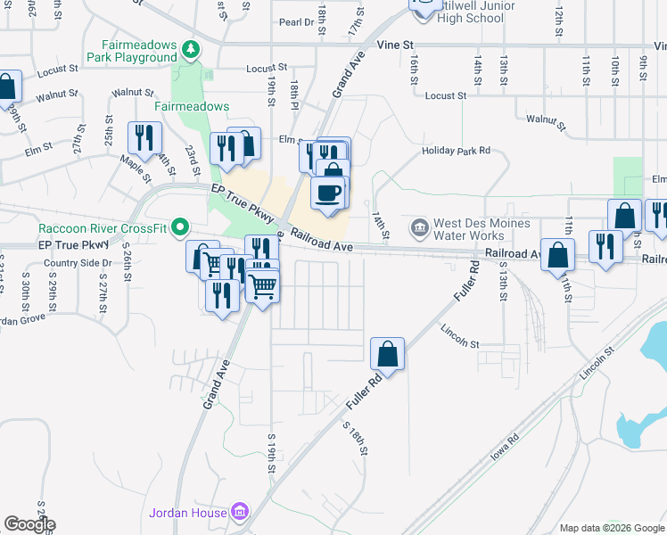 map of restaurants, bars, coffee shops, grocery stores, and more near 108 Ridgeview Drive in West Des Moines