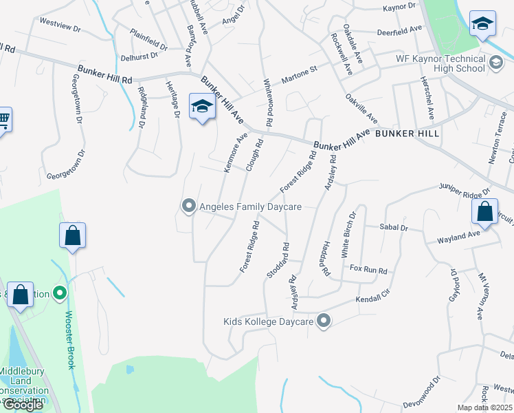 map of restaurants, bars, coffee shops, grocery stores, and more near 150 Forest Ridge Road in Waterbury